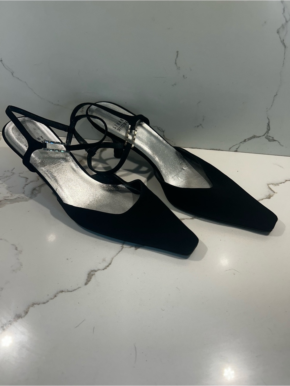 Stuart Weitzman Black Pointed Slingback Heels with Ankle Straps